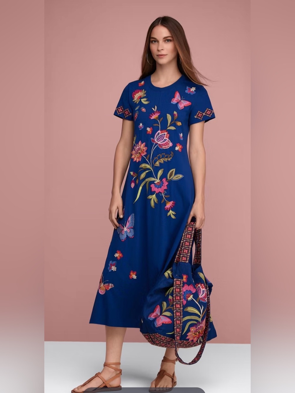 Johnny Was NWT Gracey Embroidered Butterfly Swing Midi Dress Blue Sz XXS
